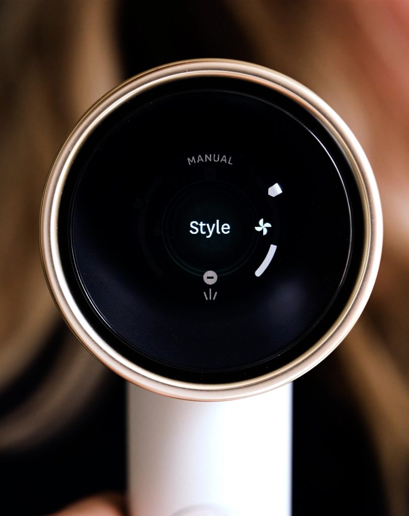 Close-up photograph of the T3 hair dryer interface. Design, interface design and product design by forpeople.