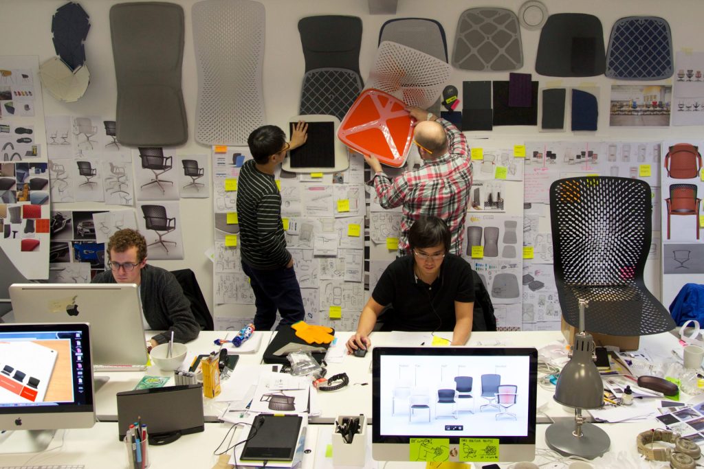 Photograph of forpeople team developing the Keyn Chair at the Oval studio, London. Film by forpeople.