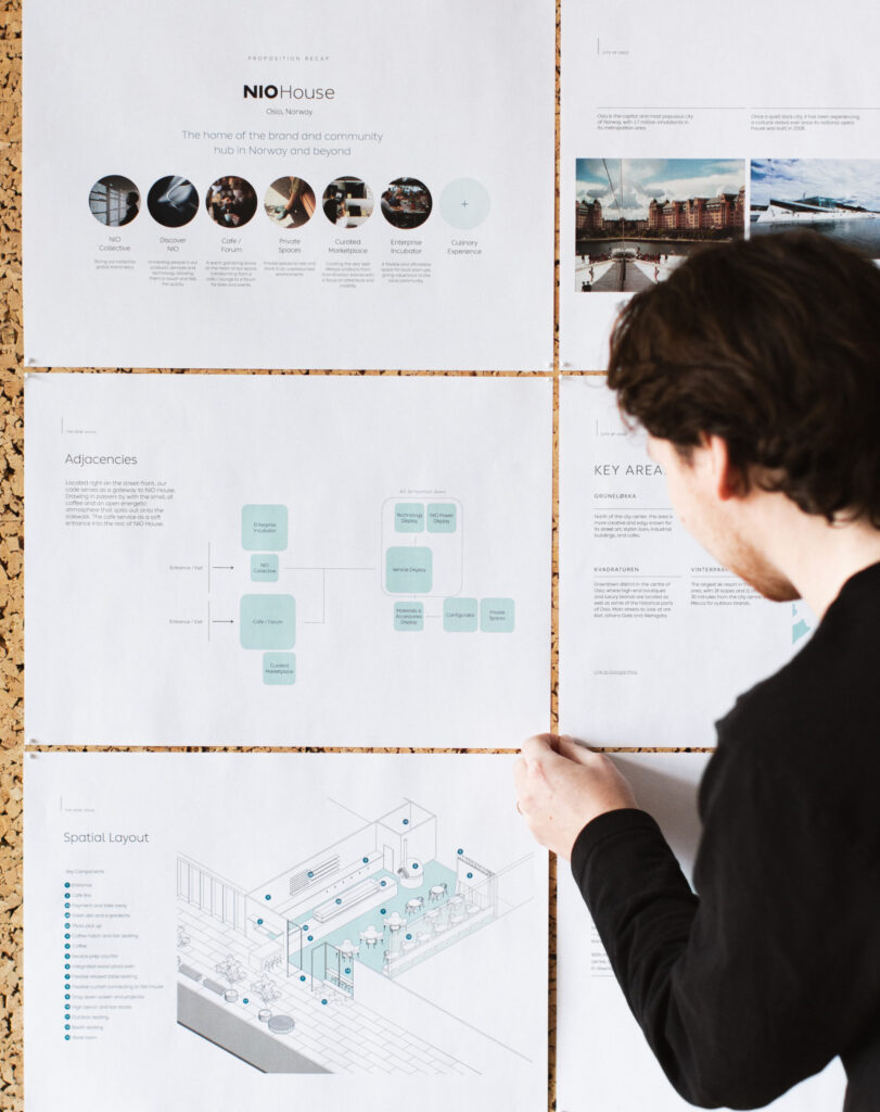 Spatial concept and layout for NIO House Oslo in design wall. Design and film by forpeople.