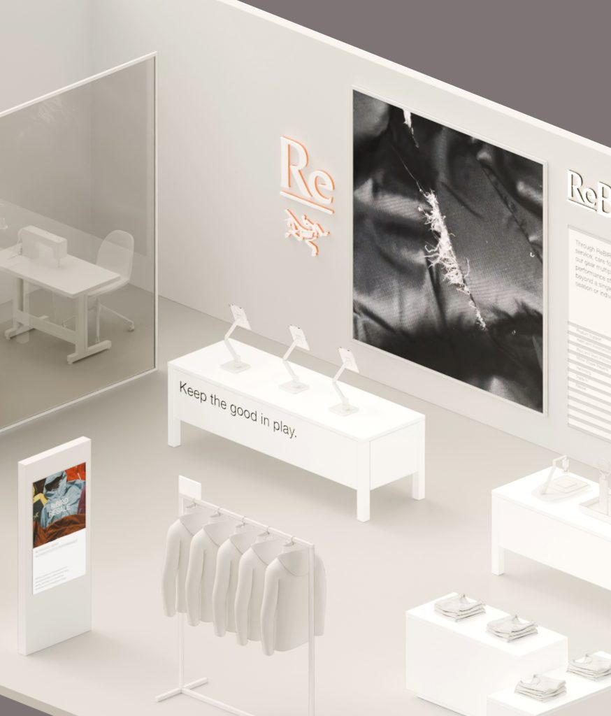 3D Visualisation of Arc'teryx ReBIRD concept store. Concept, design, and visualisation by forpeople.