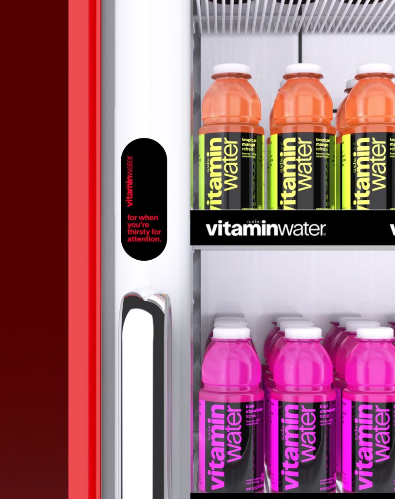 3D visualisation of a retail touchpoint concept for the vitaminwater rebrand close-up detail. Design and 3D visualisation by forpeople