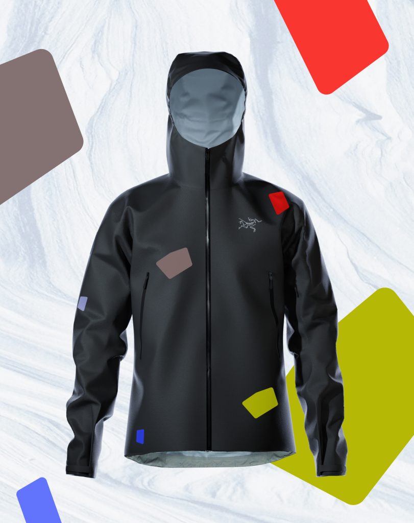 A 3D visualisation of an Arc'teryx jacket repaired with Re:Bird patches.