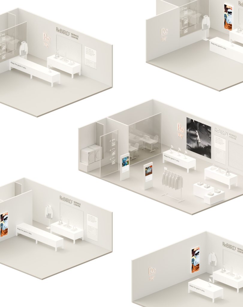 A 3D isometric visualisation of a store-design system for Arc'teryx.