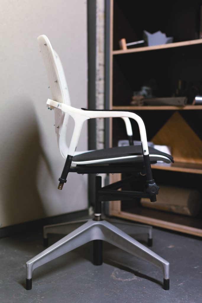 Photograph of Kinematic rig prototype for the Herman Miller Keyn Chair in early stage. Film and design by forpeople.