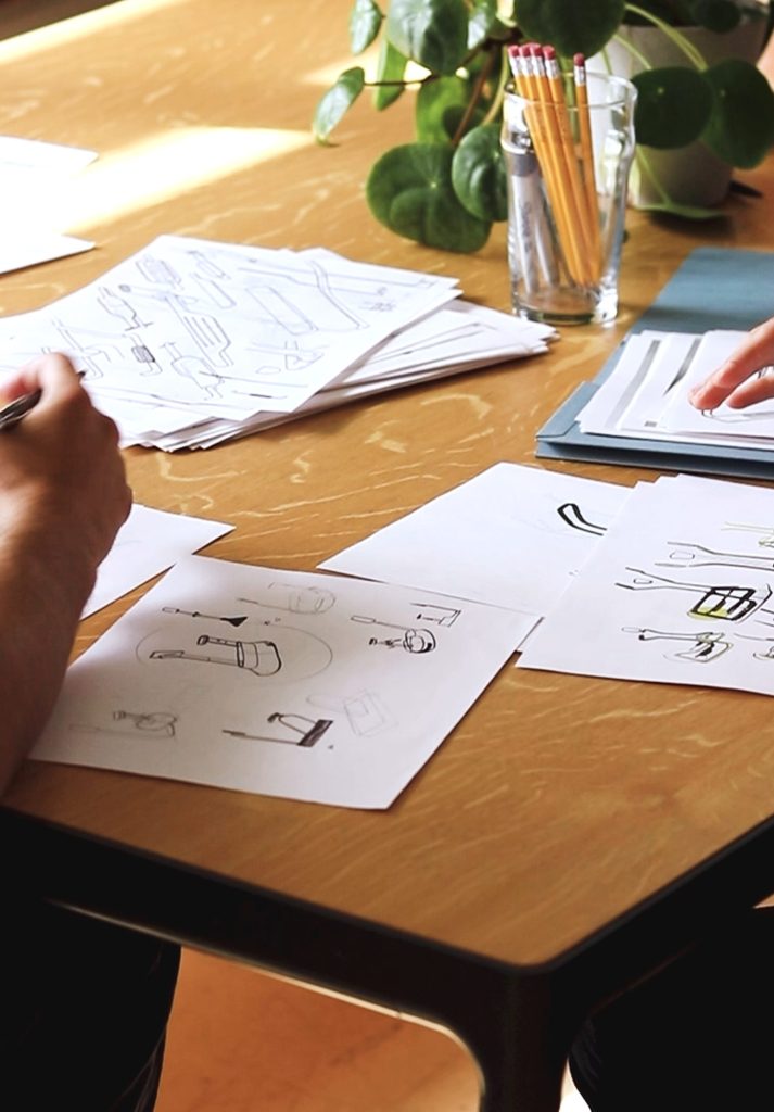 Photograph from the Kettler bike design process, capturing sketches on paper, 3D prints, and mood boards. Design and film by forpeople.