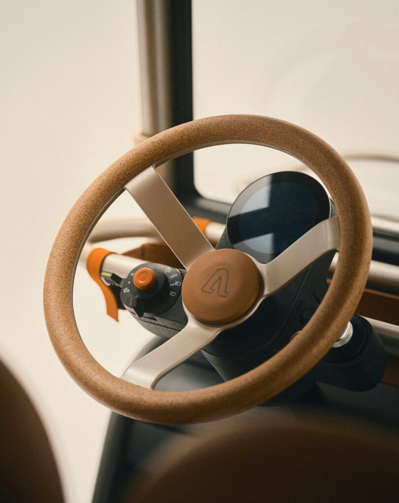Photograph of amble buggy steering wheel with amble motif designed by forpeople.